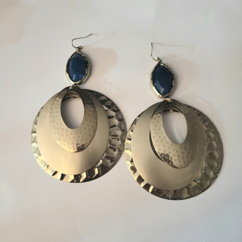 Gold Hammered Multi Disc Teal Resin Drop Statement Earrings Large‎ 4.5" Eclectic